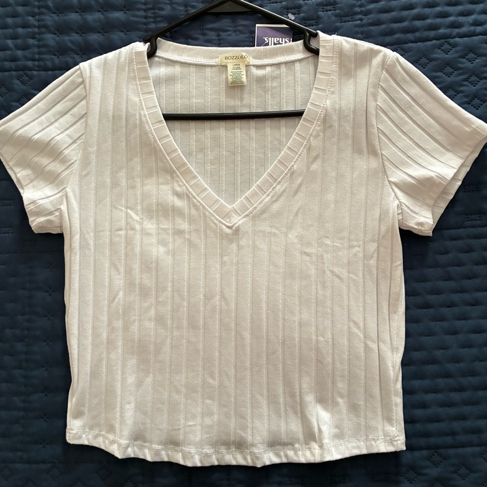 White V-Neck Ribbed Women's Top